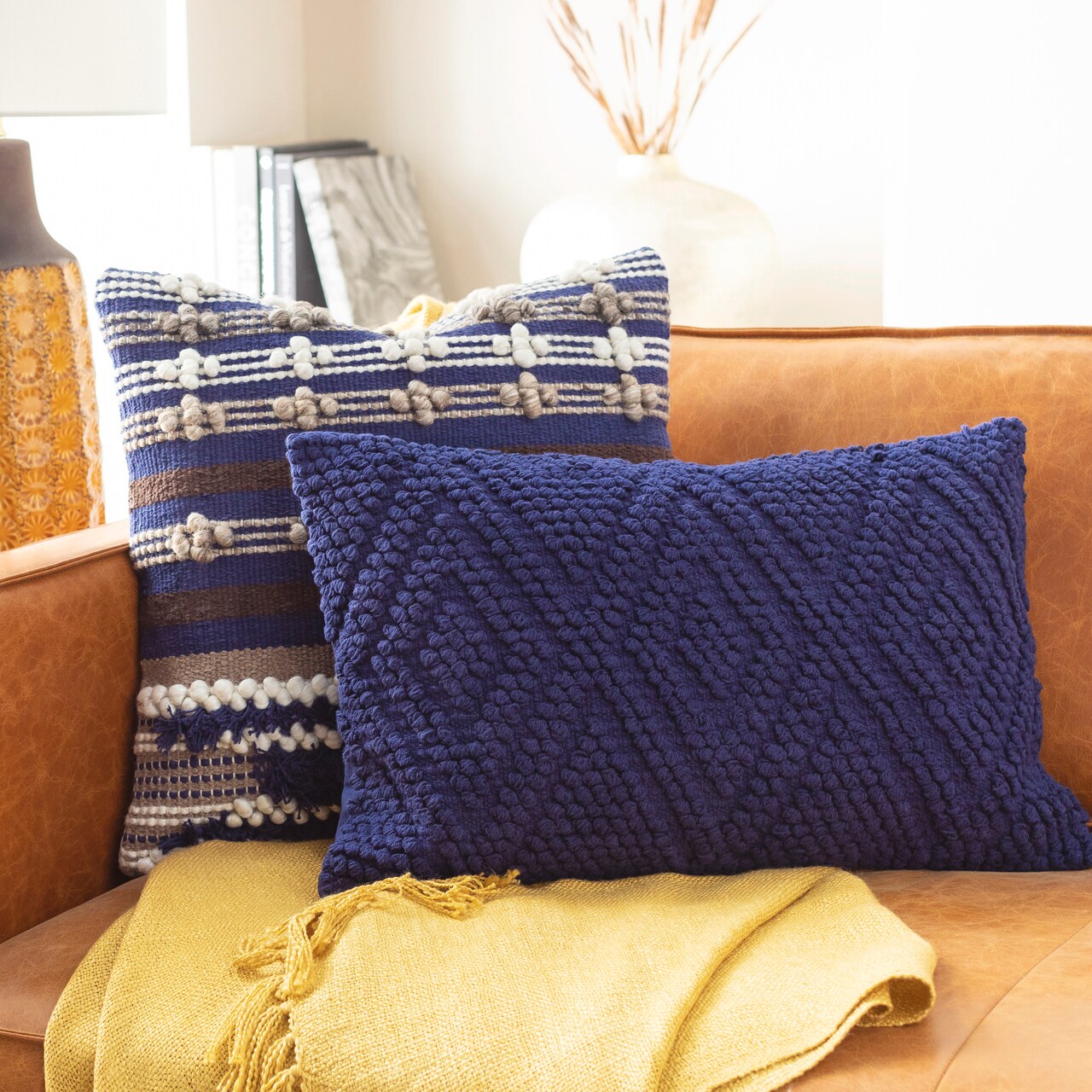 Diva At Home 22" Navy Blue Hand Woven Rectangle Throw Pillow- Down Filler
